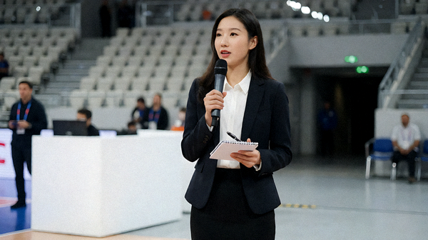 体育新闻发布现场,记者在赛事场馆内进行采访记录